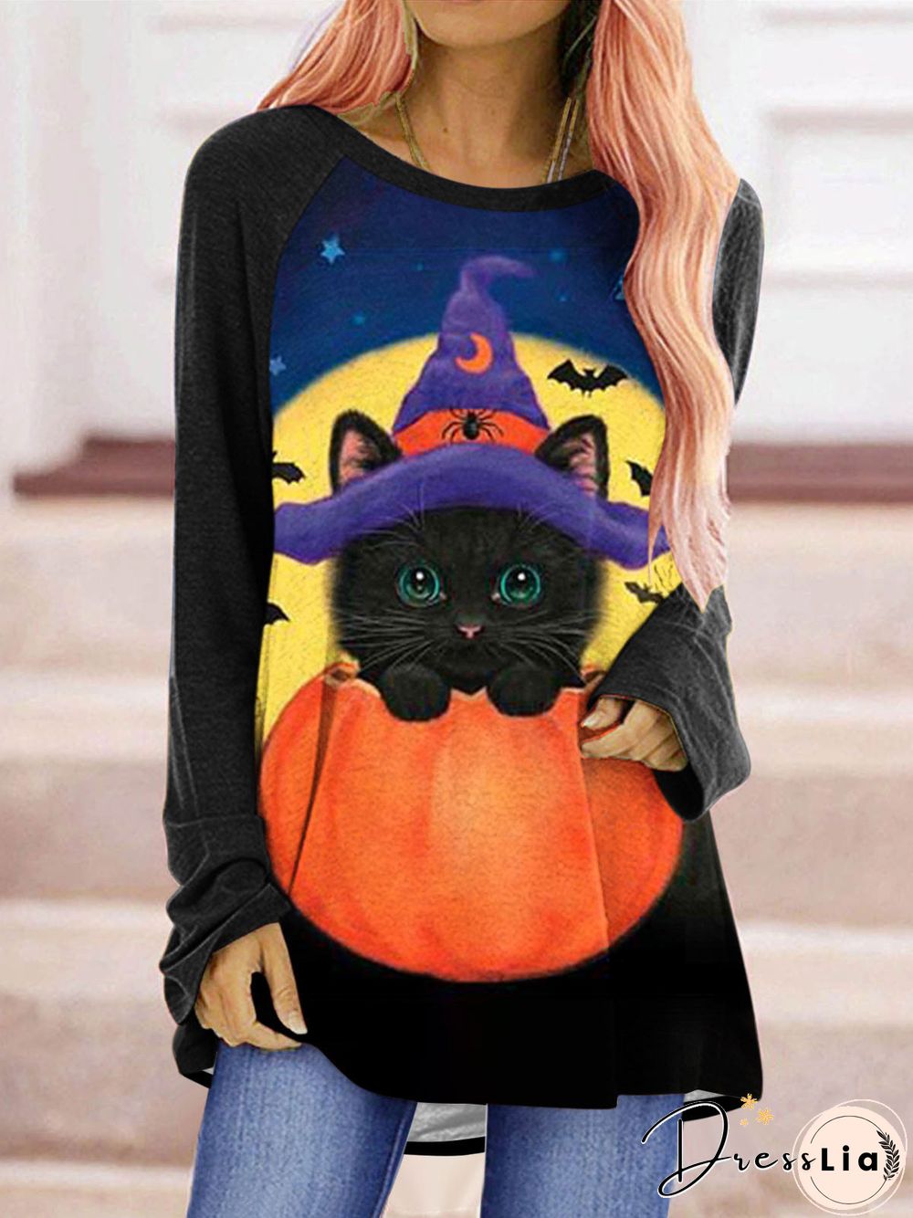Women'S T-Shirts Cat Pumpkin Print Crew Neck Long Sleeve T-Shirt
