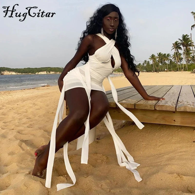 Hugcitar Sleeveless Bodycon Halter Drawstring Hollow Out Pleated Mini Dress 2021 Fall Winter Women Outfit Y2K Slim Streetwear