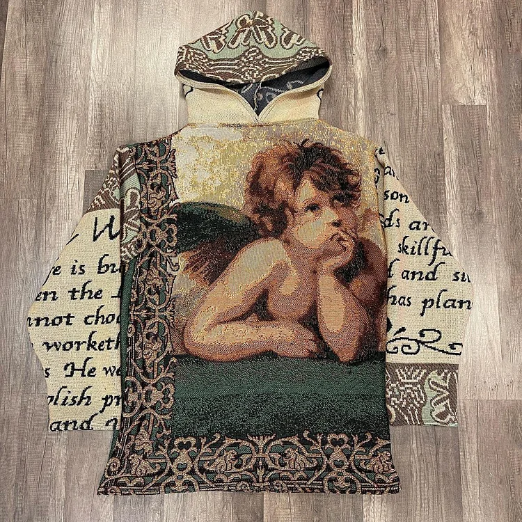 Retro Angel Graphic Print Casual Street Tapestry Knit Hooded Sweater