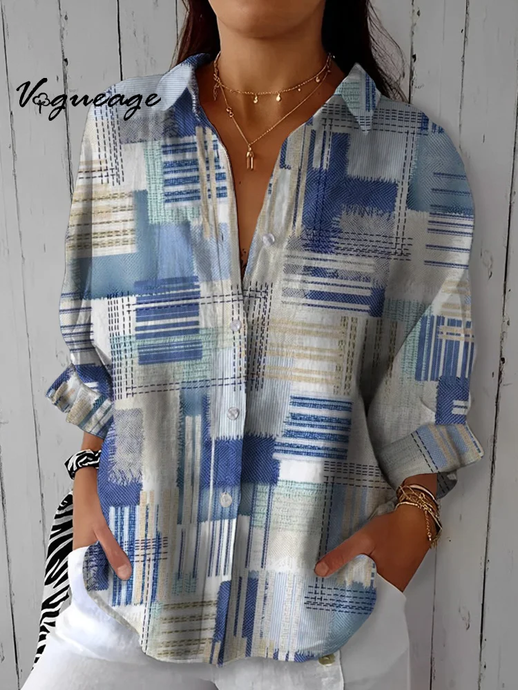 Fashionable Simple And Versatile Color Stripe Splicing Printed Cotton And Linen Shirt