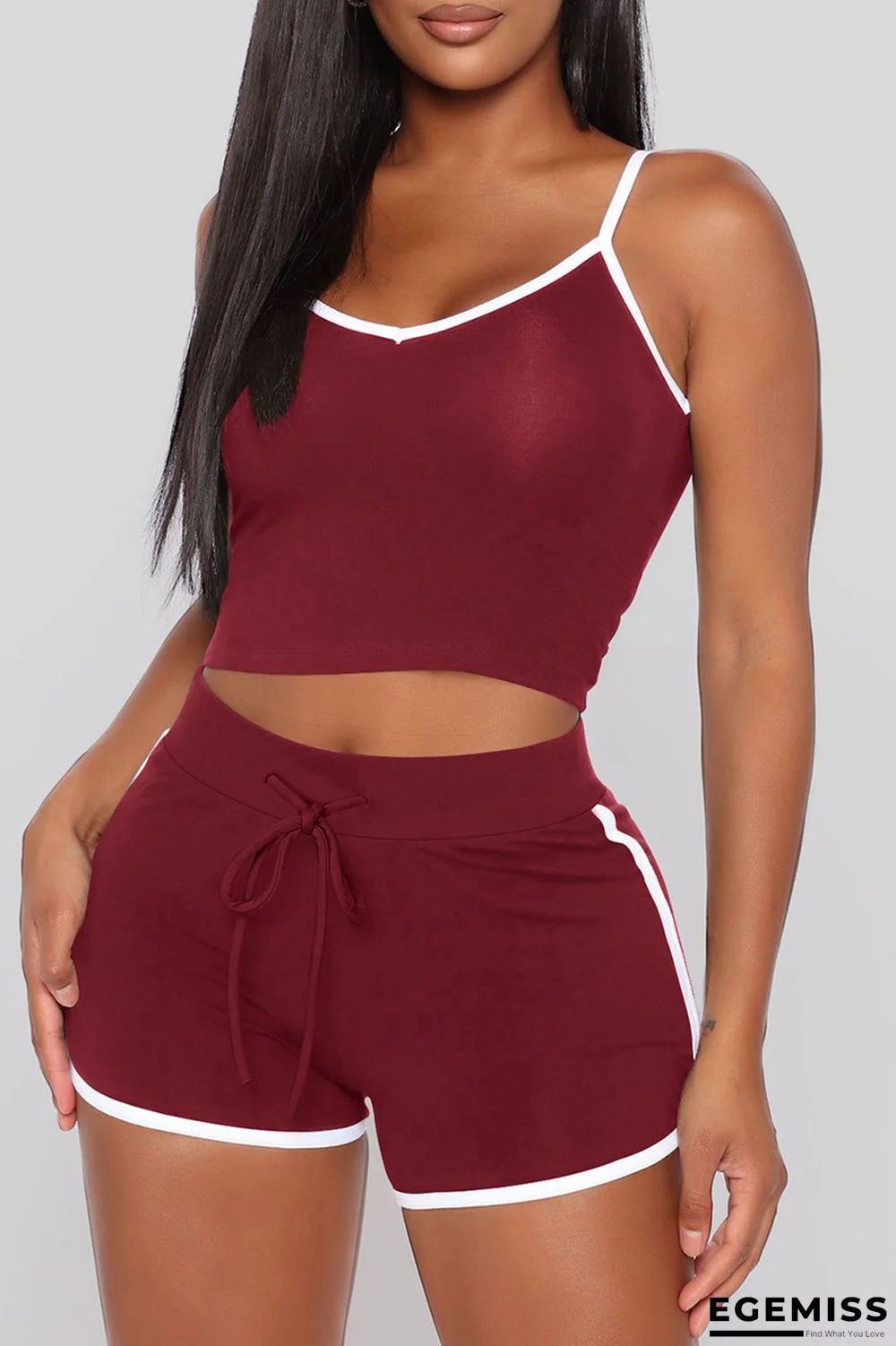 Burgundy Sexy Sportswear Solid Vests Spaghetti Strap Sleeveless Two Pieces | EGEMISS