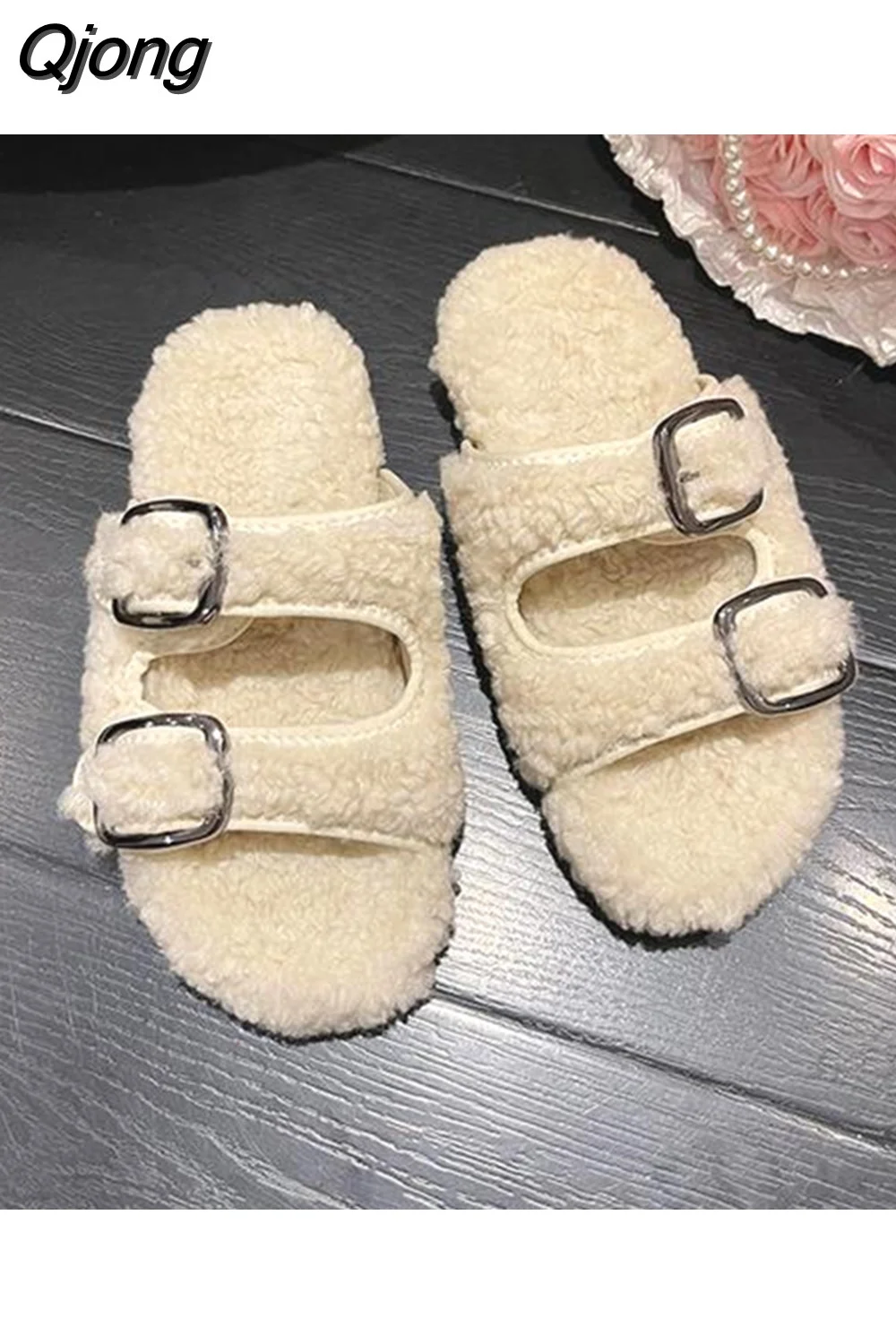 Qjong Shoes Luxury Sandals Summer Heels Espadrilles Platform Buckle Strap Suede Fashion Girls Outside Low High Fur Clogs Slippe