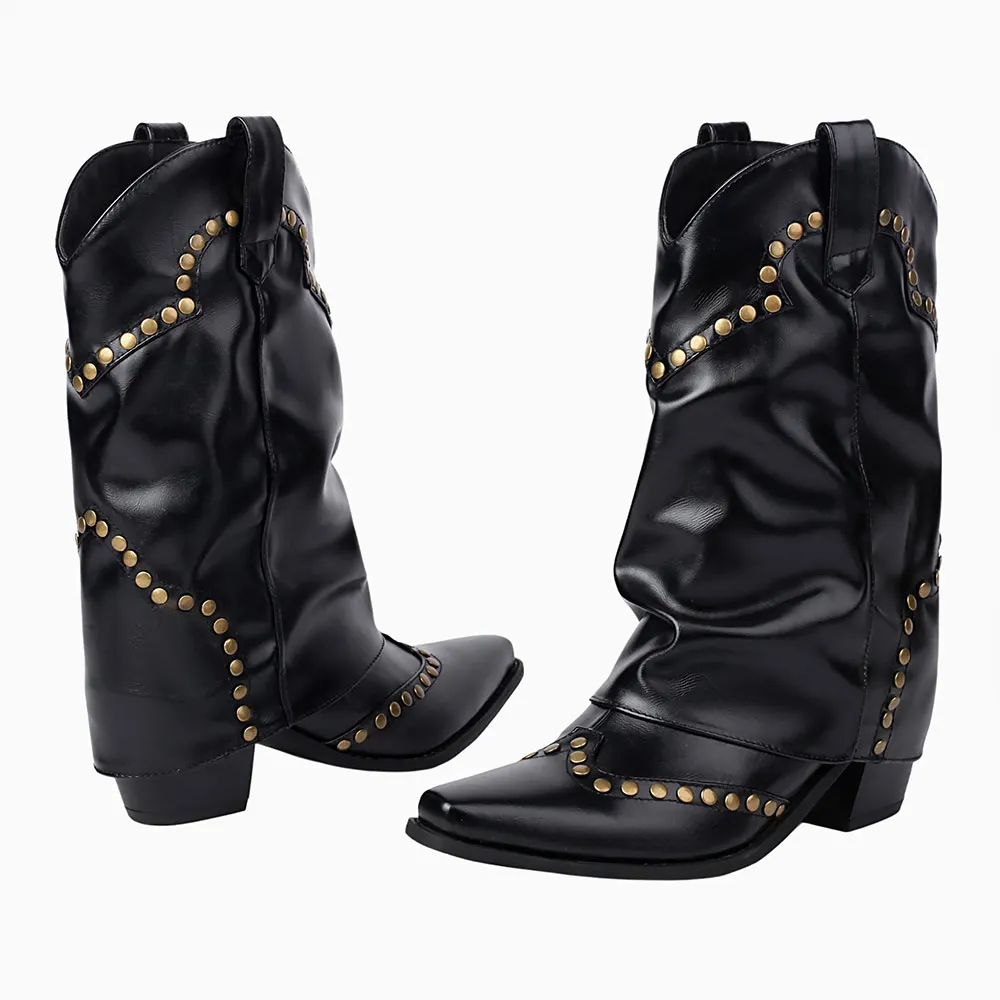 Black Snip Toe Chunky Heel Studded Fold Over Western Boots for Women