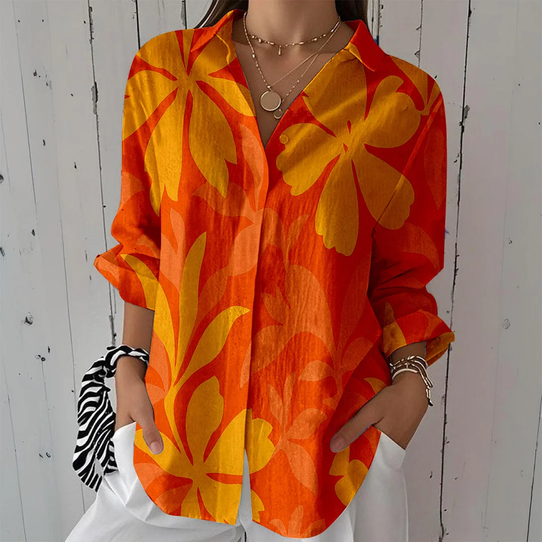 Style & Comfort for Mature Women Women Tropical, Floral, Orange DZCL0089 3/4 Sleeve Shirt Collar Printed Button Tops