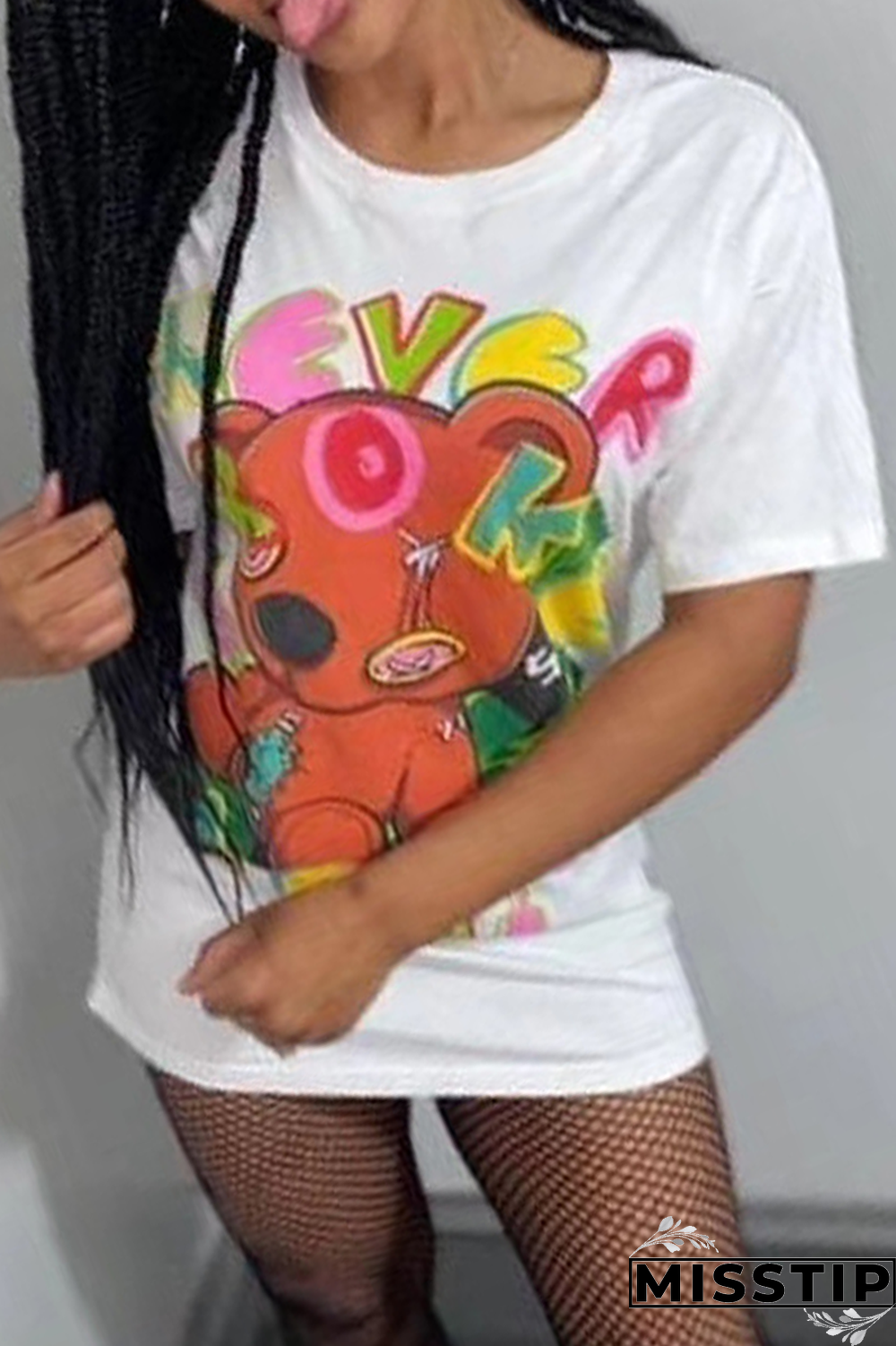 White Casual Print Patchwork O Neck Tops