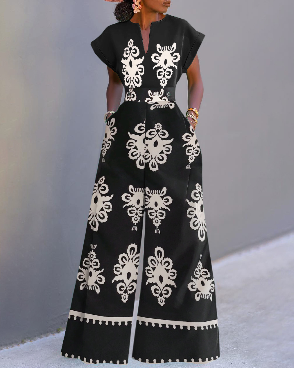 Bohemian Prints Neckline Batwing Sleeve Wide Leg Jumpsuit