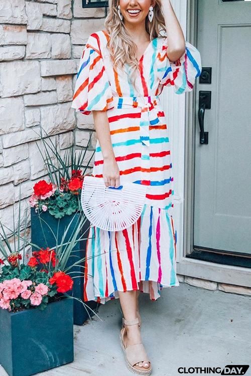 Colorful Stripe V Neck Ruffles Dress