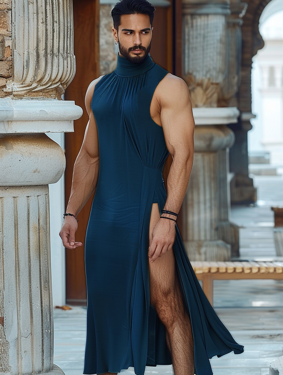 Men's High Neck Split Stretchy Bodycon Maxi Dress