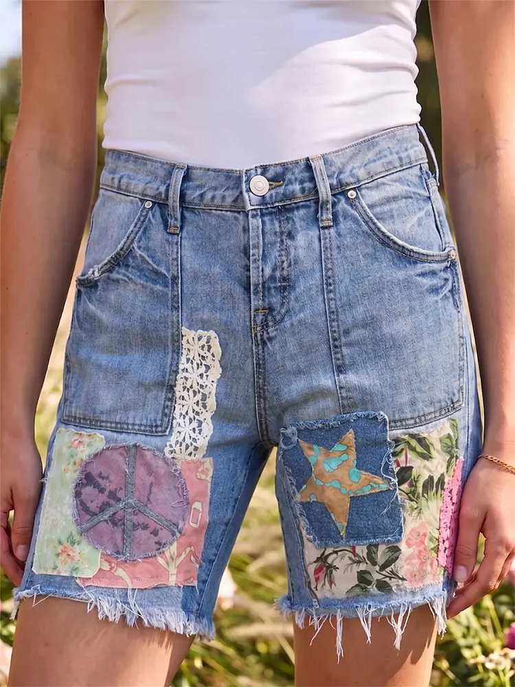Women's Art Patchwork Hippie Star Flower Print Cotton Denim Casual Short Pants