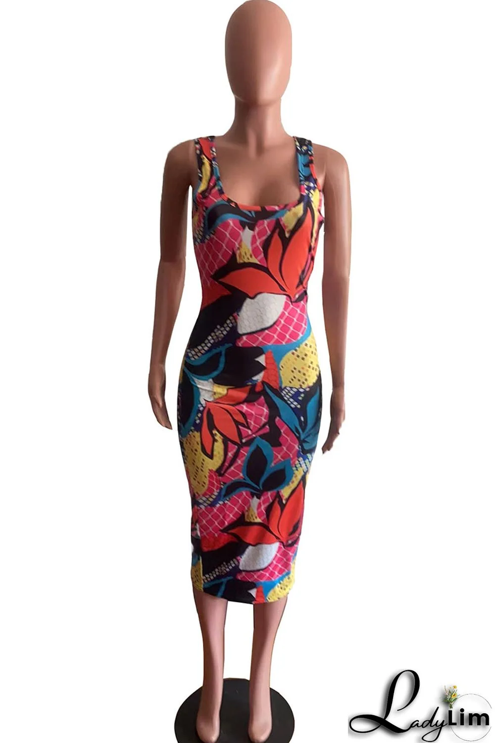 Colour Casual Print Patchwork U Neck One Step Skirt Dresses