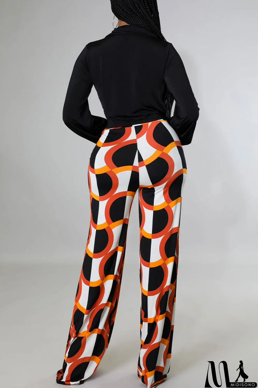 MidiSono - Black Casual Print Bandage Split Joint V Neck Long Sleeve Two Pieces