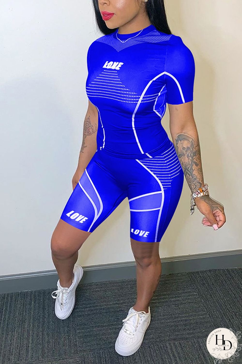 Dark Gray knit Sexy Patchwork Print Straight Short Sleeve Two Pieces