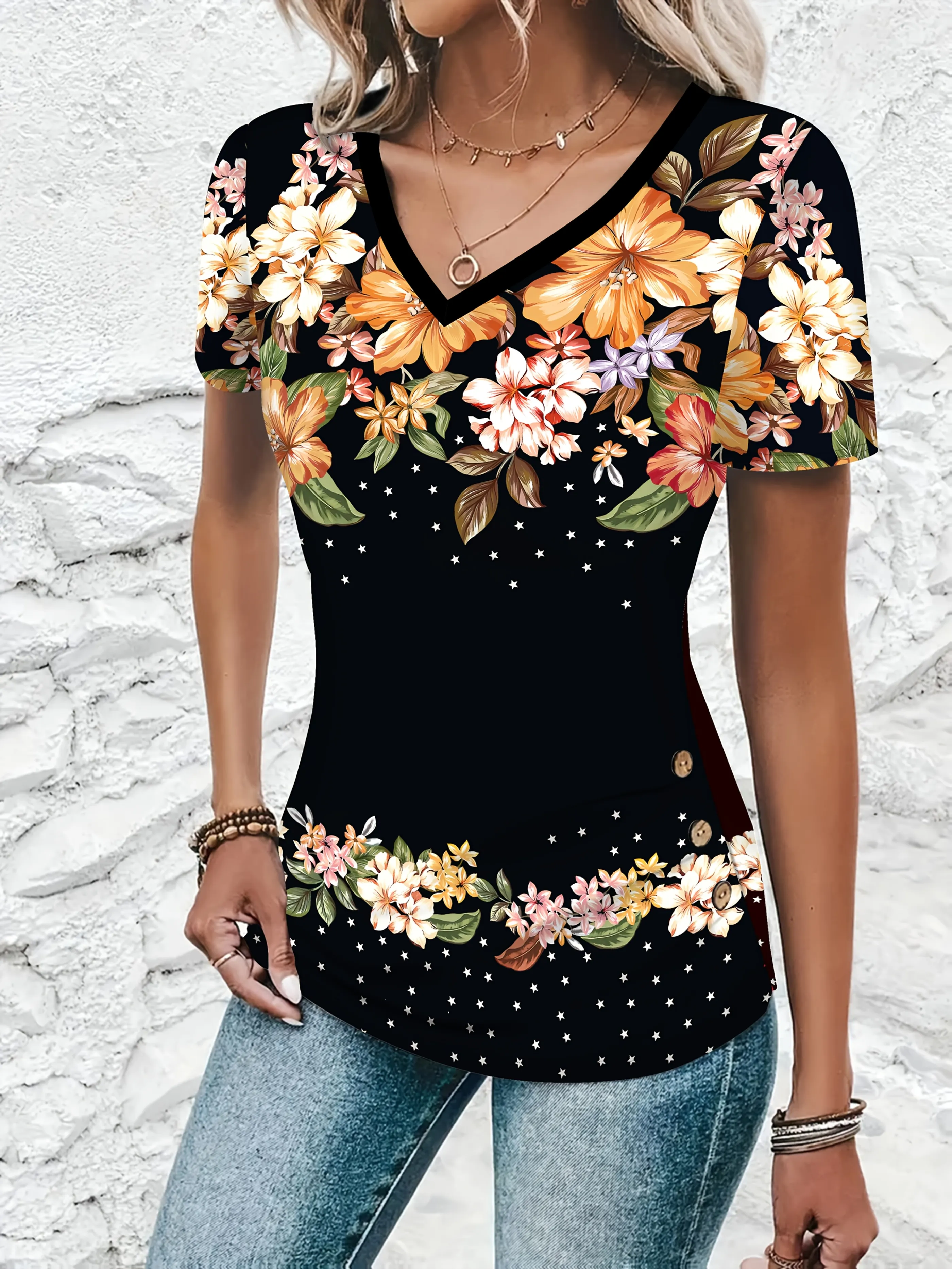 Summer Fashion Elegant Floral Print V-Neck Short Sleeve Top For Women Stylish Flower