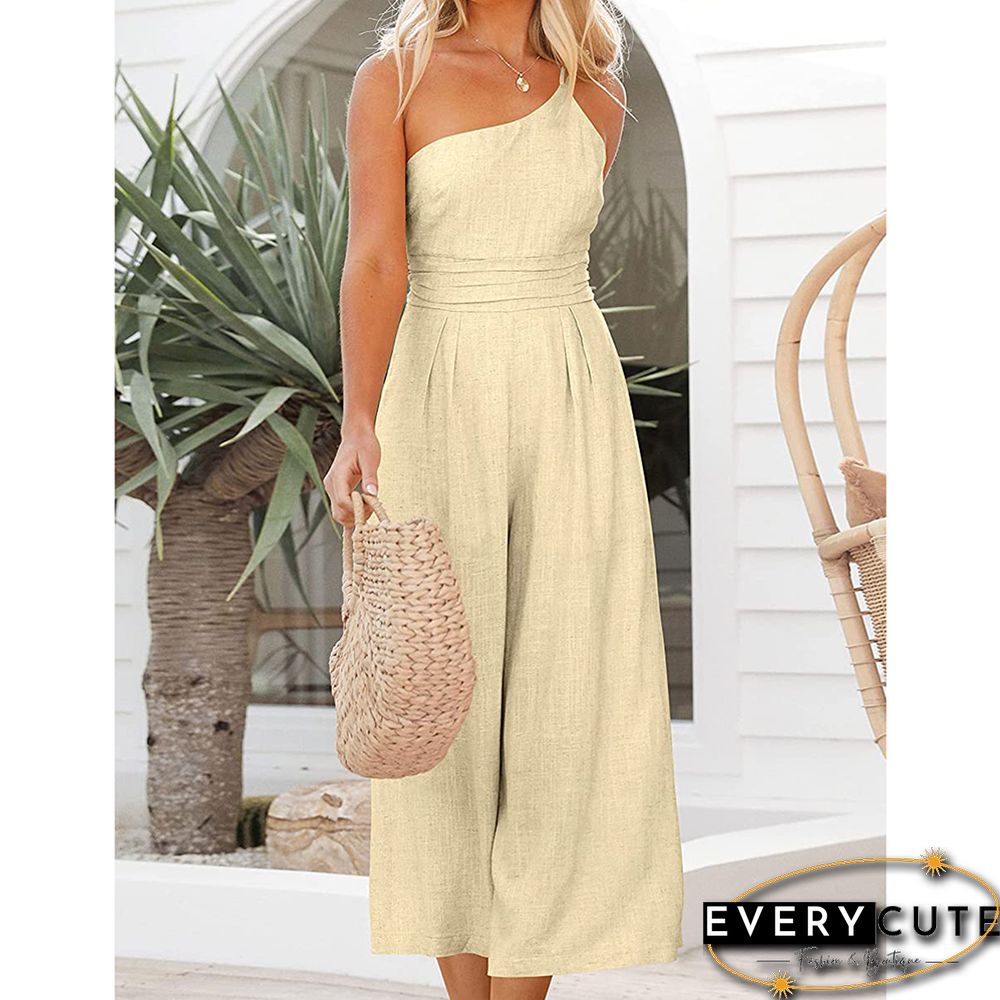 Off White One-shoulder Pocketed Wide Leg Jumpsuit