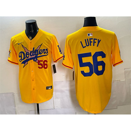 Men's Los Angeles Dodgers x One Piece #56 LUFFY Yellow Vapor Premier Limited Baseball Jersey