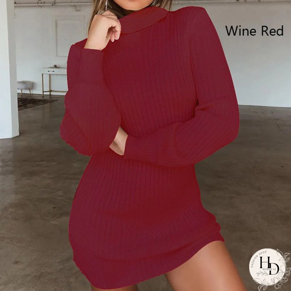 Women Autumn and Winter Long Sleeve Knitted Sweater Dress Ladies Fashion Keep Warm Knitting High Collar Slim Fit Bottoming Mini Knitting Dress