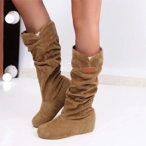 Boots For Women Pleated Female Flock Warm Shoes Round Toe Flat Woman Casual Footwear Women's Mid-calf Boots Drop Shipping