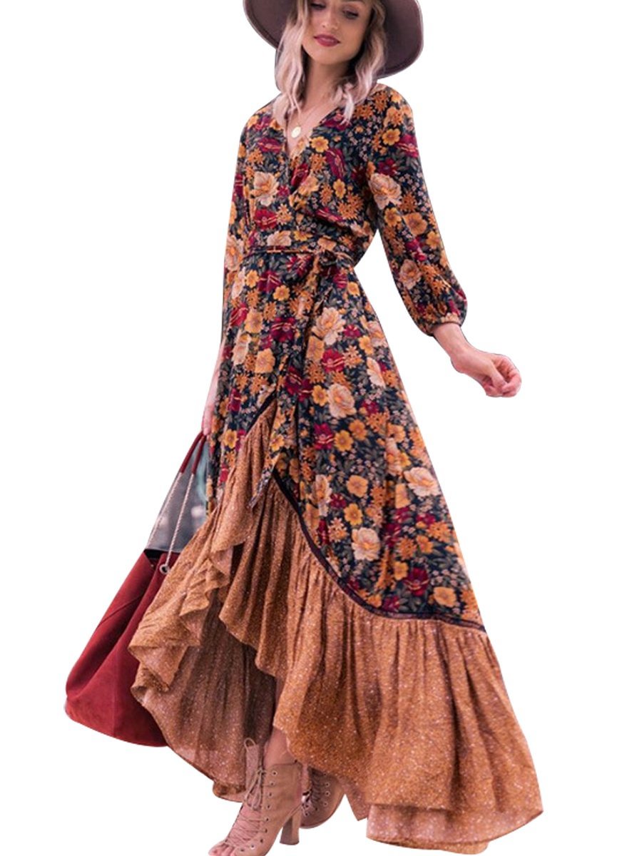 Elegant Floral Dresses Deep V-Neck Ruffled Irregular Hem Bohemian Dress