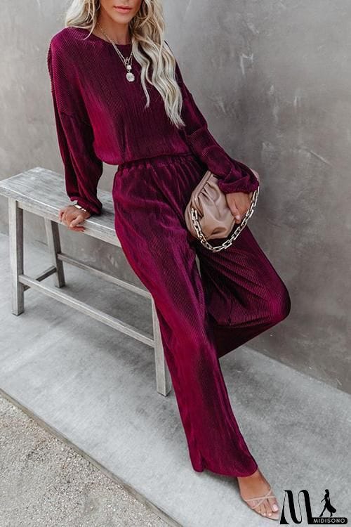 MidiSono - Pleated Crop Blouse Wide Leg Pants Set