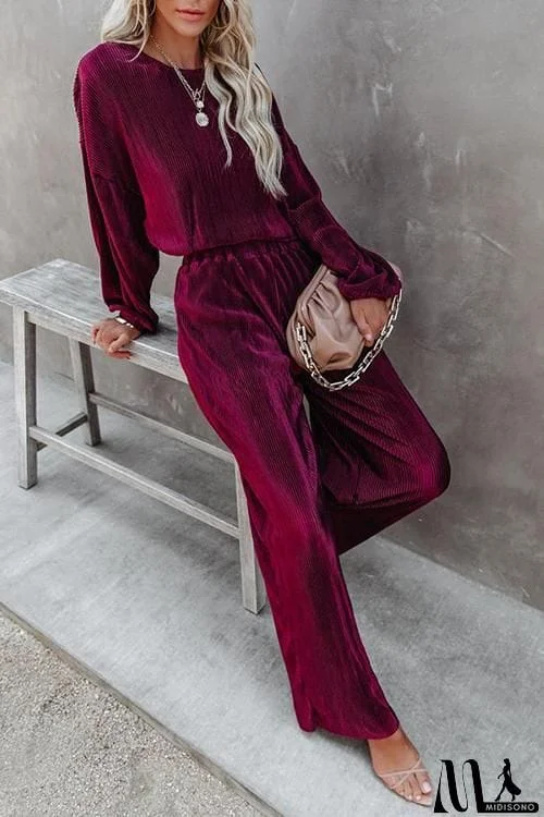 MidiSono - Pleated Crop Blouse Wide Leg Pants Set