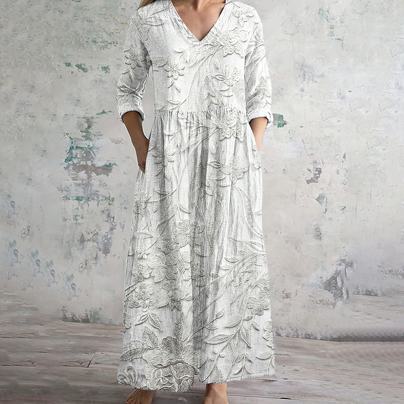 video Comstylish Vintage Floral Embroidery Women's Linen Dress