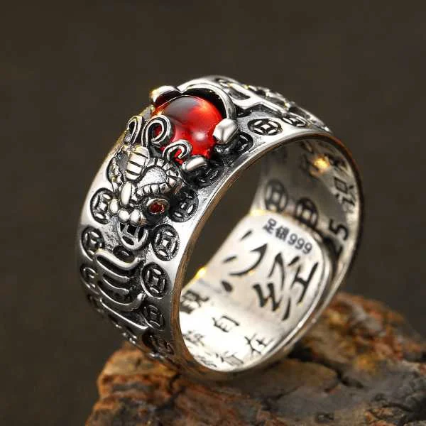 Sterling Silver Pixiu Garnet Heart Sutra Thai Ring