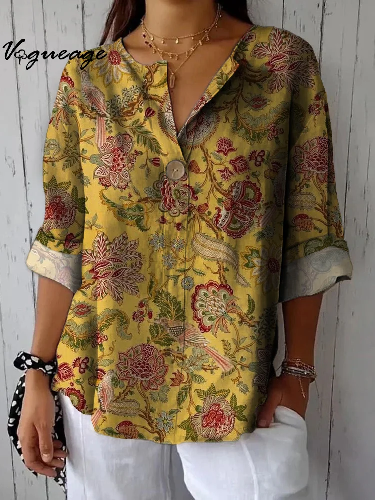 Vintage Elegant Flowers And Plants Printed Cotton And Linen Shirt