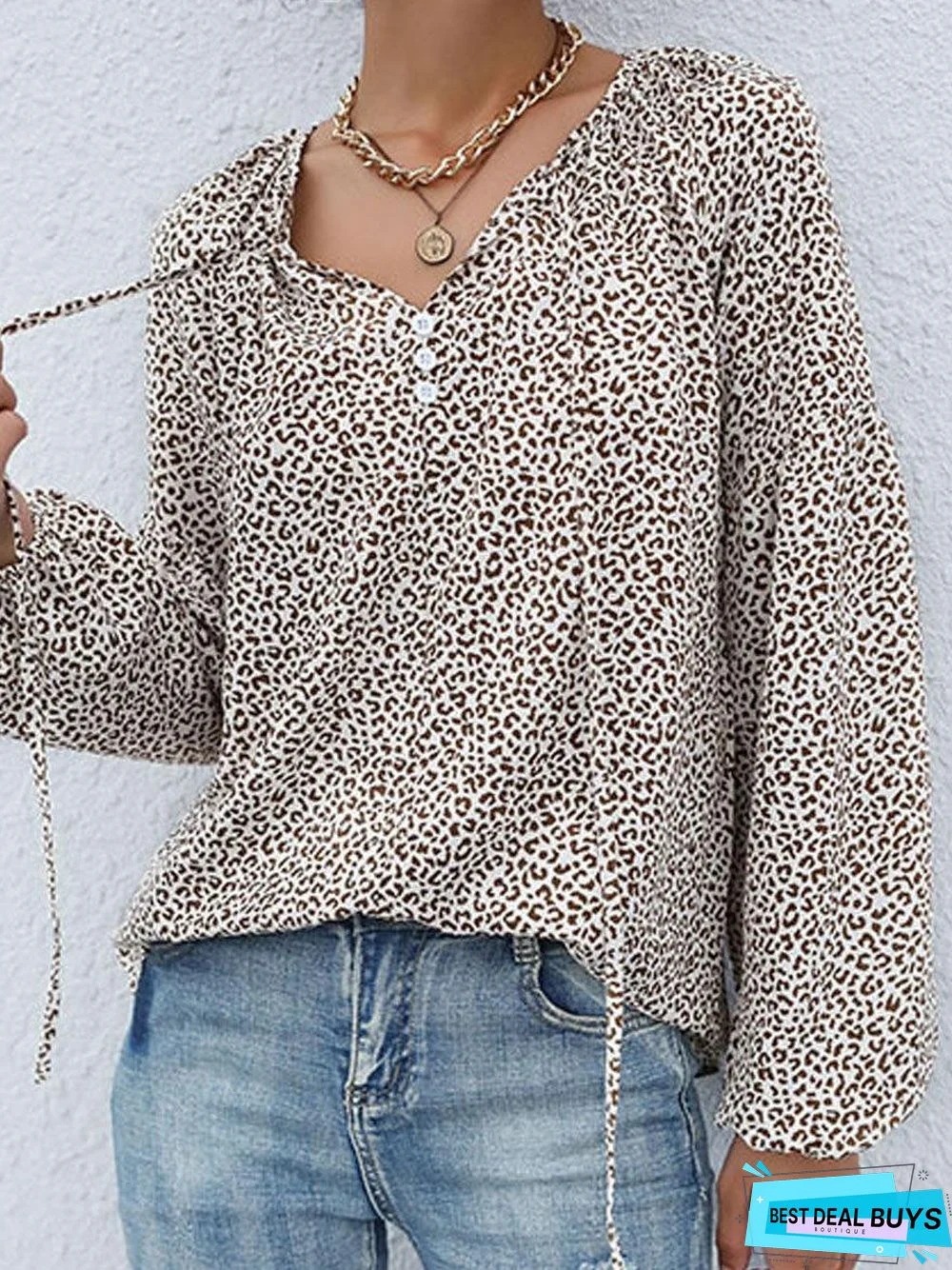 V-neck Leopard Print Casual Long Sleeve Blouse