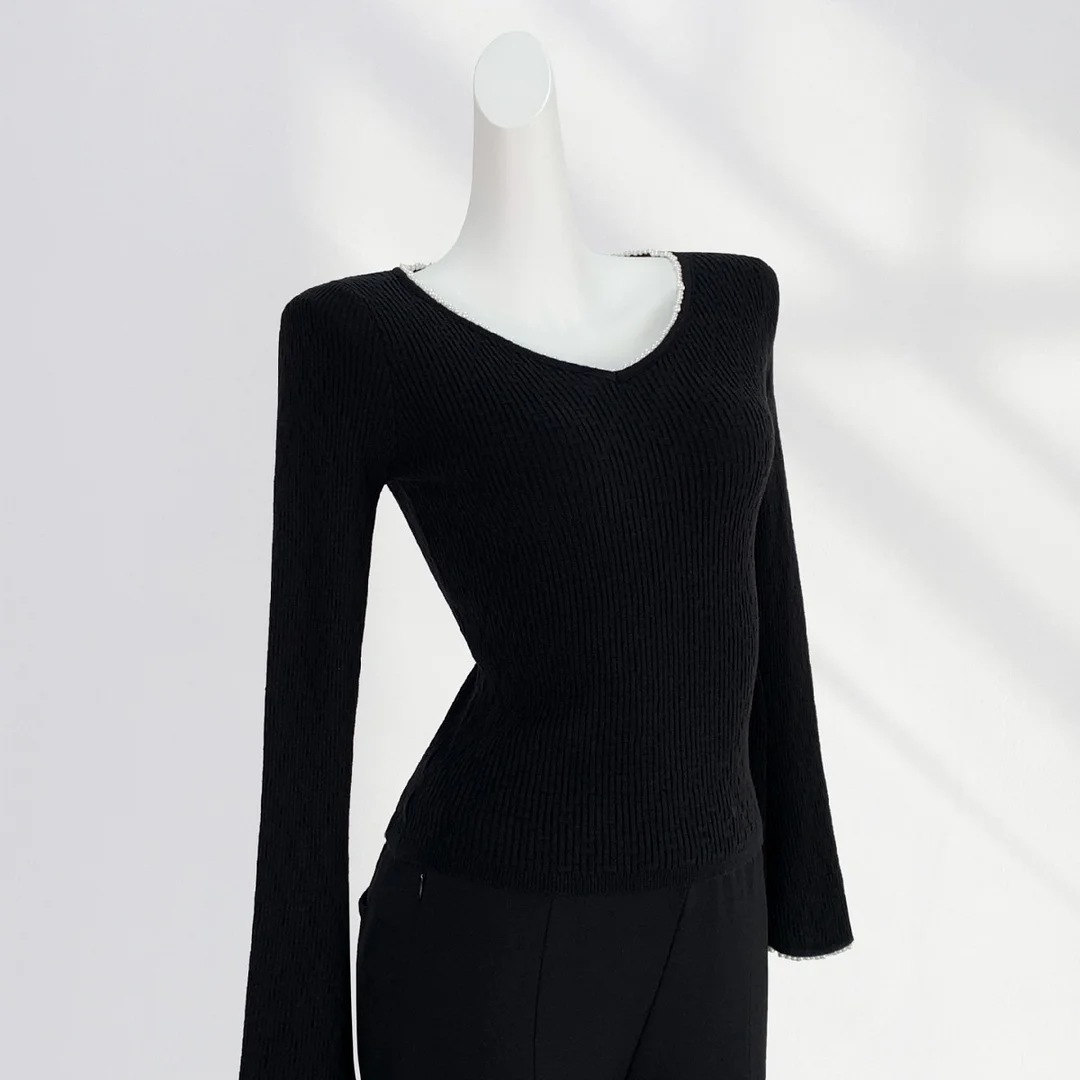 Zingj Zingj Temperament Commuter Black V Neck Nail Bead Sweater Women's New Early Spring Horn Sleeve Slim Long Sleeve Jacket