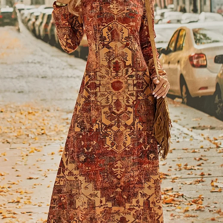 Bohemian Style Long Sleeve Crew Neck Maxi Dress, Casual Fall Winter Dresses, Women's Clothing