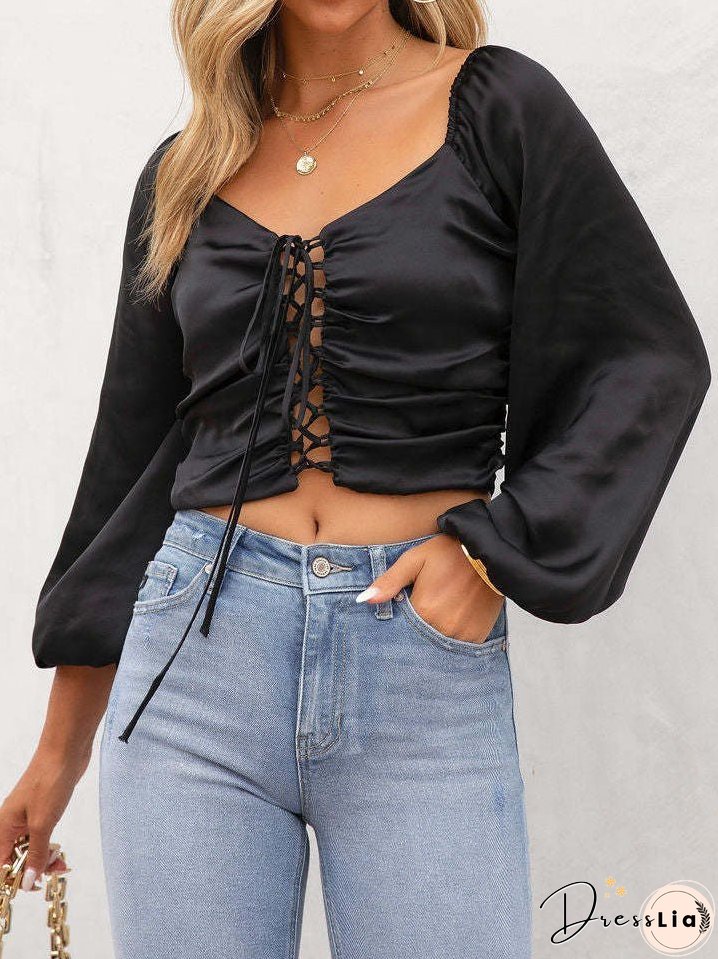 Women's Blouses V-Neck Hollow Tie Long Sleeve Blouse