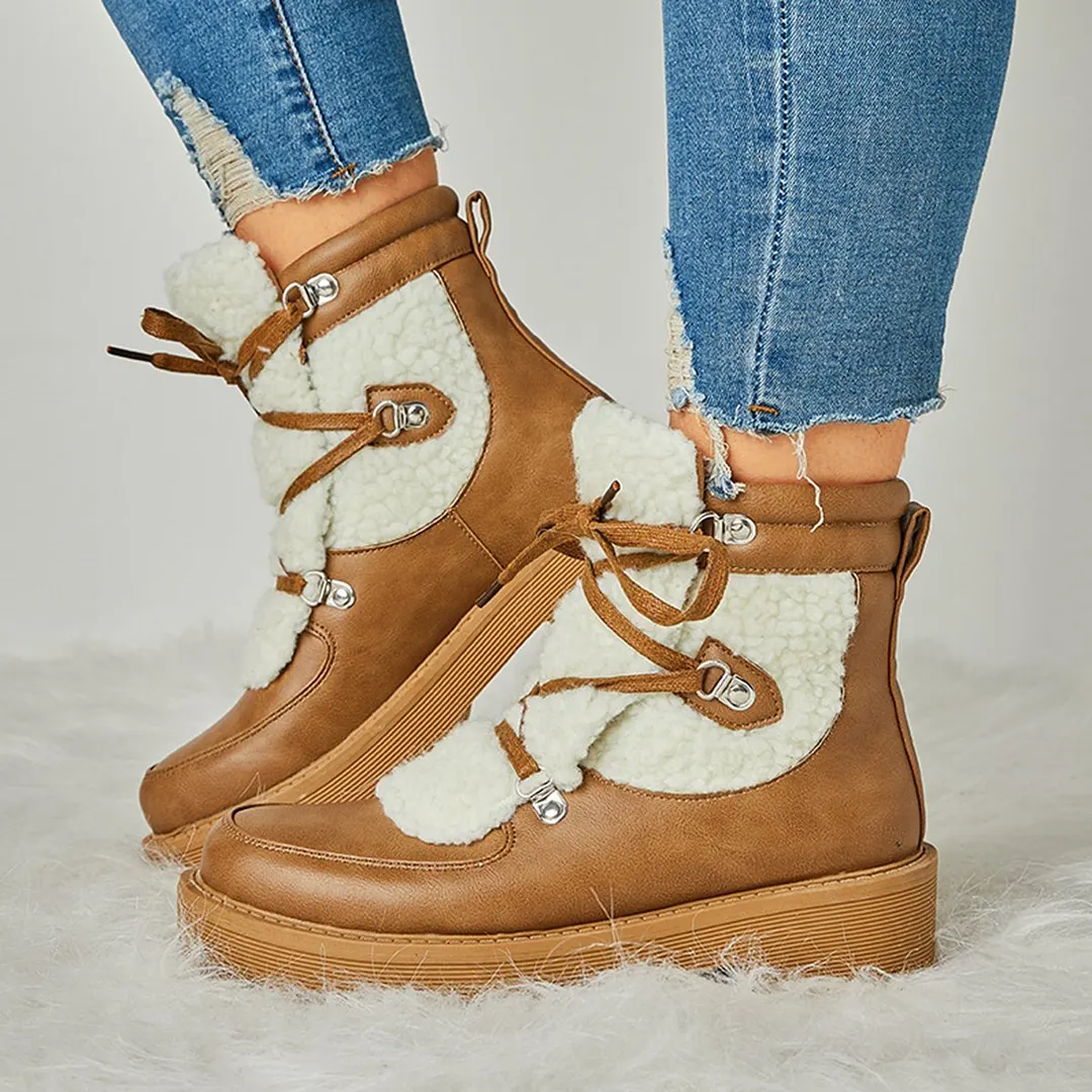 Women Faux Shearling Stiching Lace Up Snow Boots