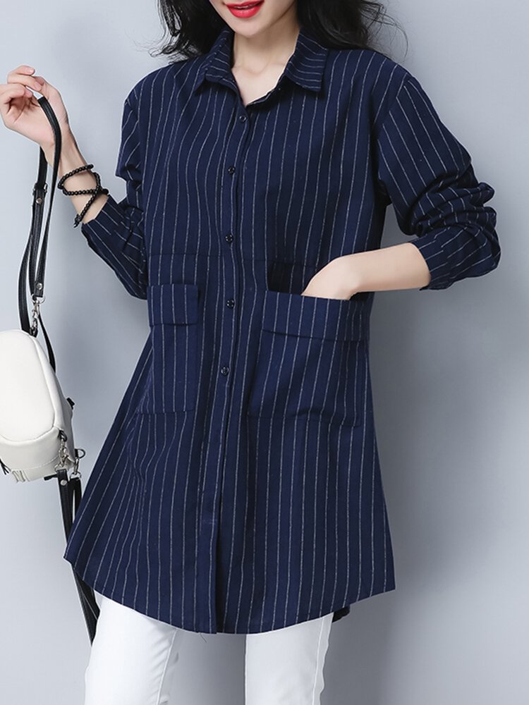 Casual Women Loose Stripe Long Sleeve Print Blouses P1199993