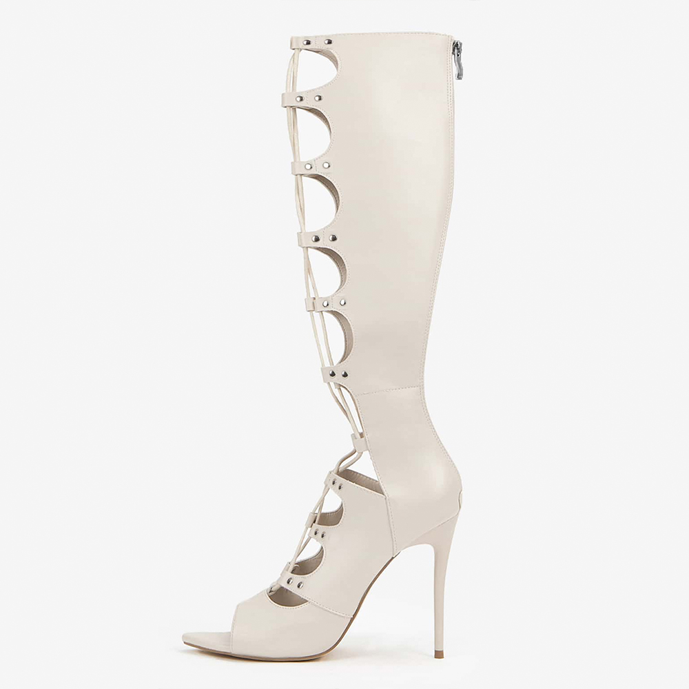 Ivory Peep Toe Stiletto Heel Gladiator Lace Up Knee Summer Boots Nicepairs