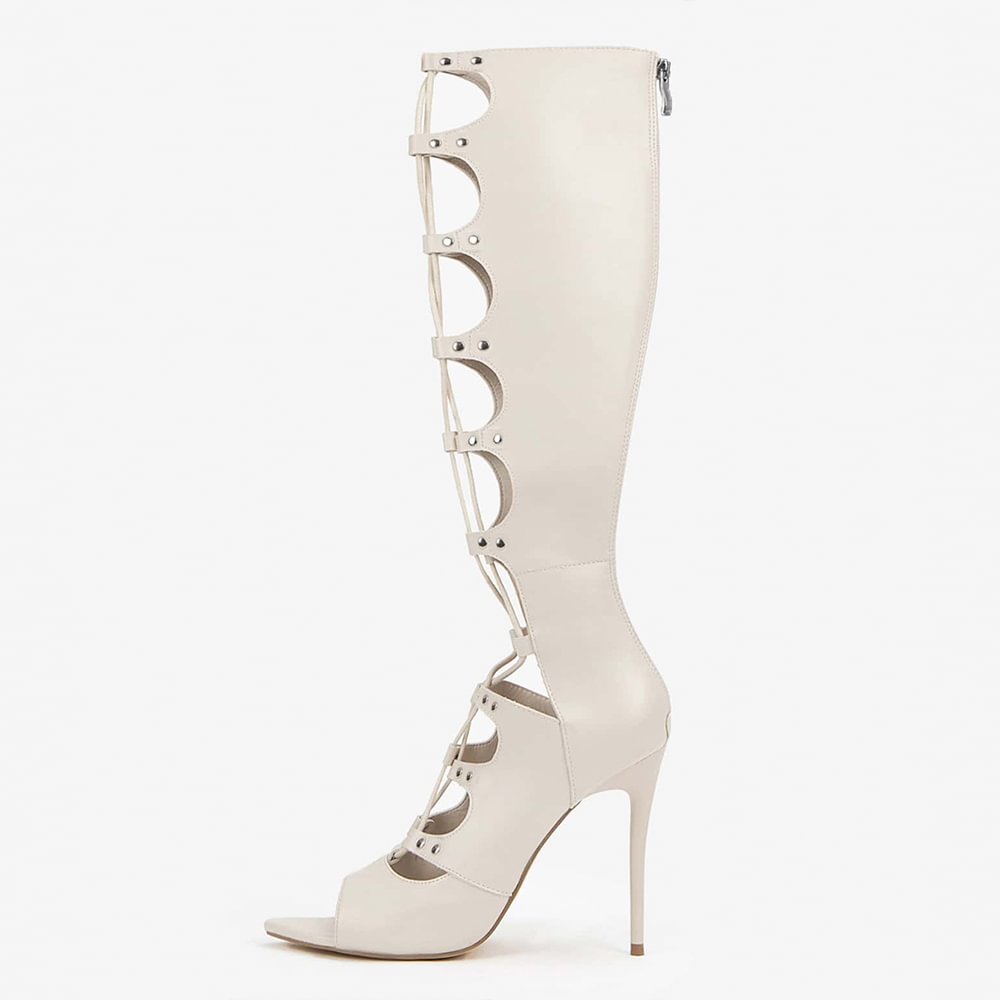 Pointed Open Toe Knee Boots Hollow Design Stiletto Heels Long Boots Nicepairs
