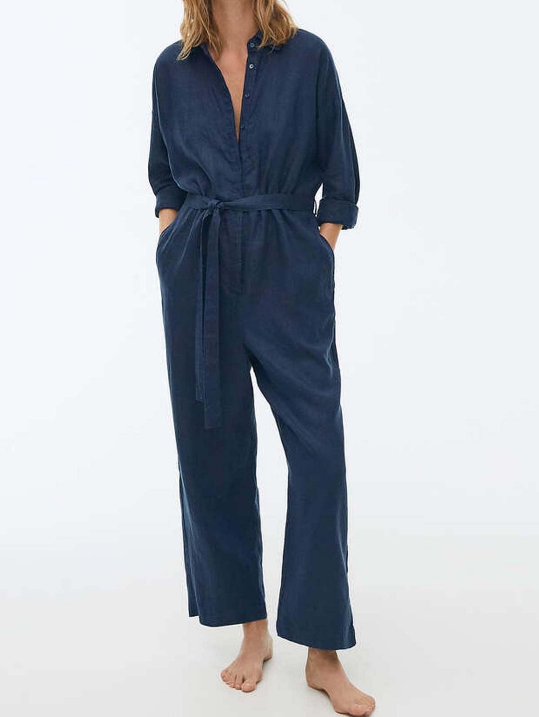 Plain Lapel Collar Button Tied Pocket Wide Leg Jumpsuit