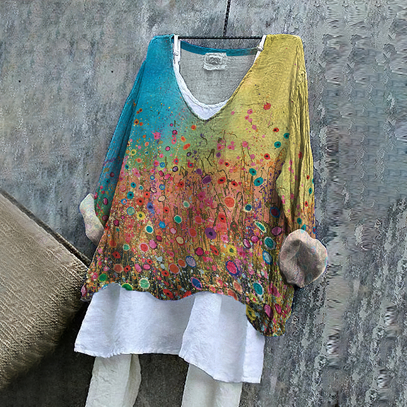Comstylish Vintage Gradient Floral Painting Art Print Crew Neck T-Shirt