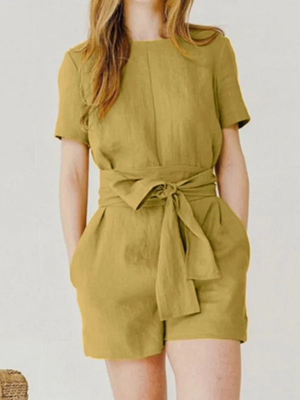 Solid Color Split-Joint Tied Waist Loose Plus Size Round-Neck Rompers