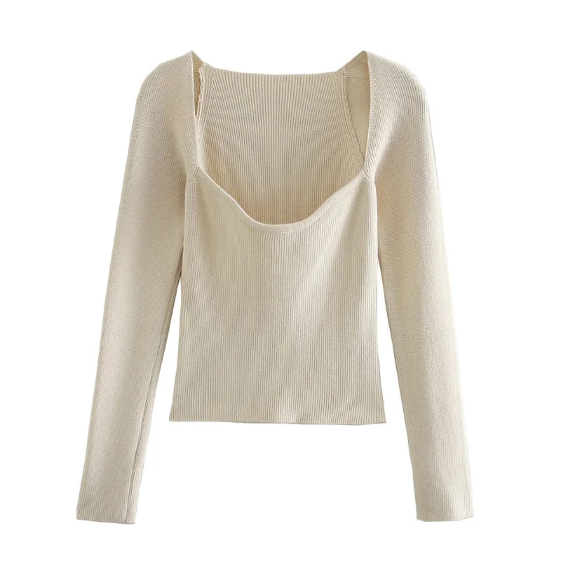 Stylish Chic Beige Knitted Cropped Blouses Women 2021 Fashion Sexy Square Collar Shirts Girls Streetwear Casual Tops