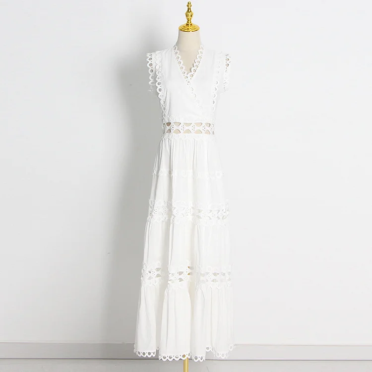 Women's Party Wedding Dress French Retro Solid Color Long Dress V-Neck Hollow Waistless Sleeveless Ruffled Dress