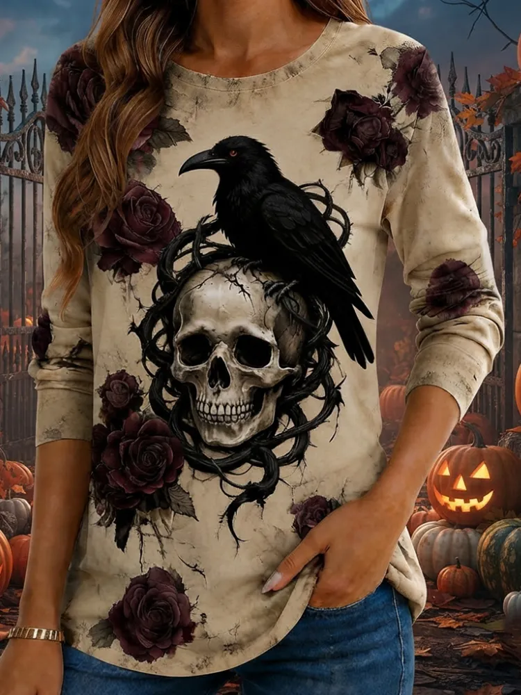 Women's Vintage Style Long Sleeve Tee With Skull, Crow, And Rose Print artswardrobe
