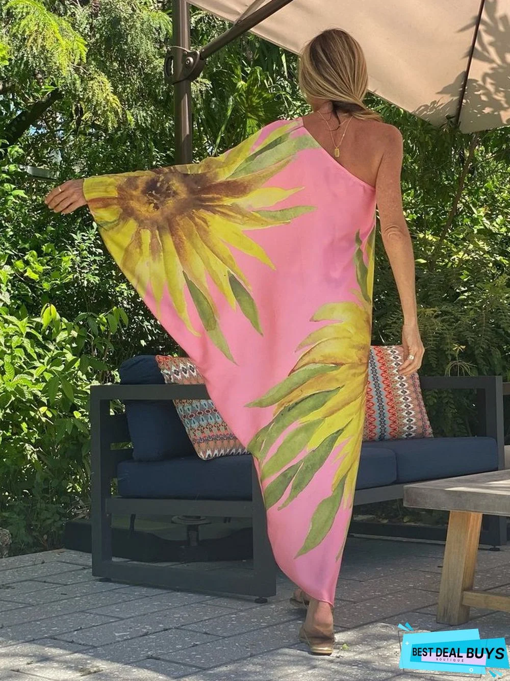 Loose Print Shoulder Beach Holiday Sunscreen Dress Europe and America Commuting Irregular Dress