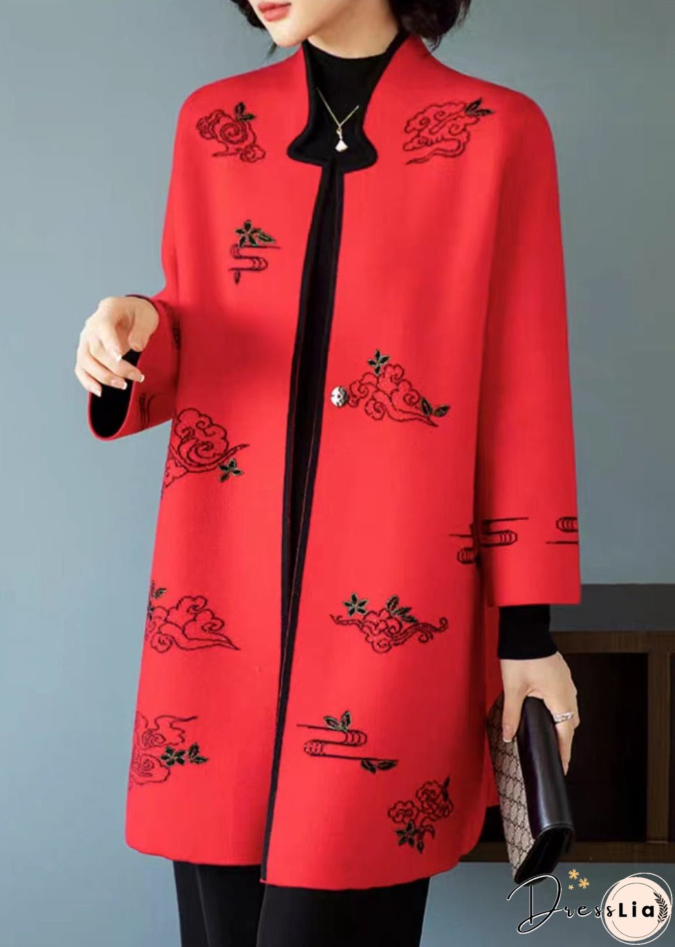 Red Embroideried Stand Collar Patchwork Wool Coats Stand Collar Long Sleeve