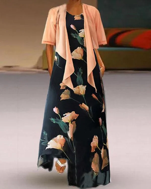 Elegant Round Neck Floral Two-piece Dress-
