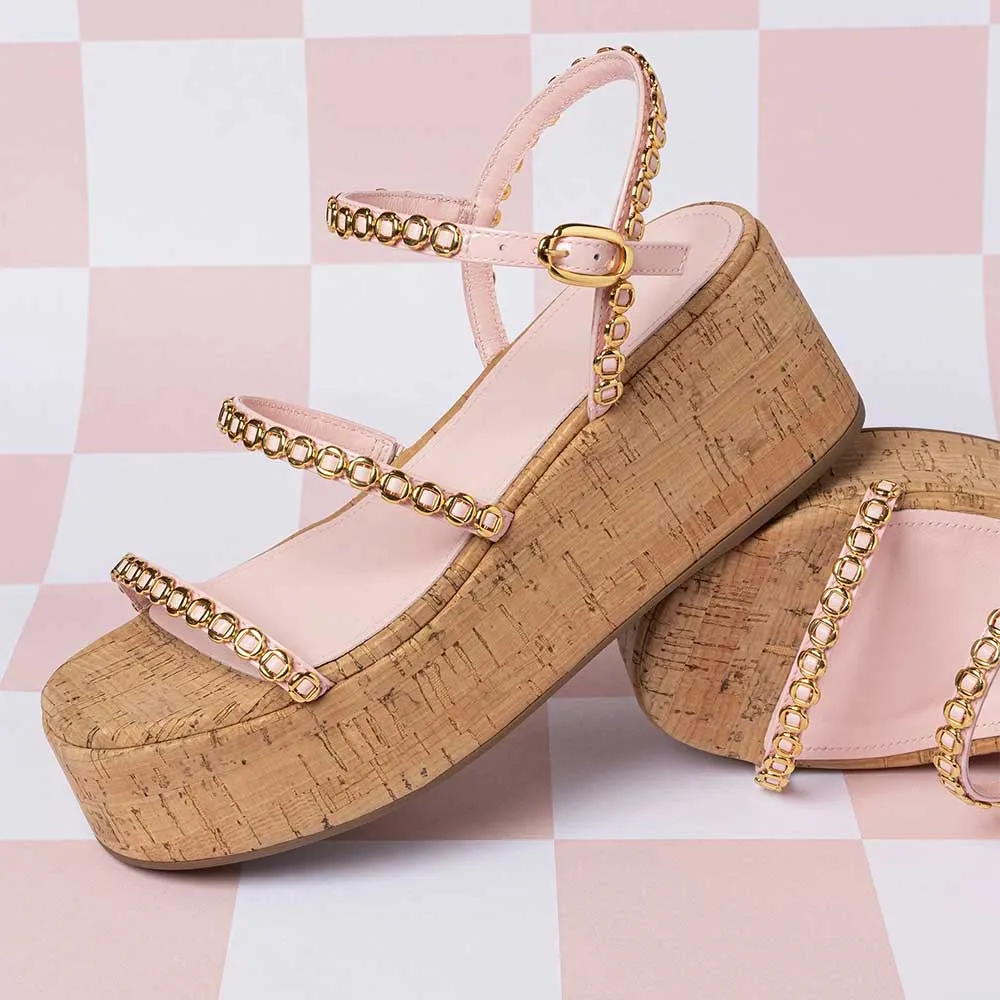 Open-Toe Gold Accent Platform Wedge Sandals for Women in Pink