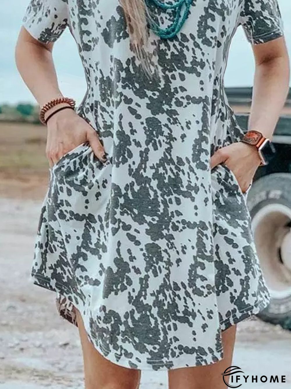 Casual Crew Neck Short Sleeve Animal Weaving Dress | IFYHOME