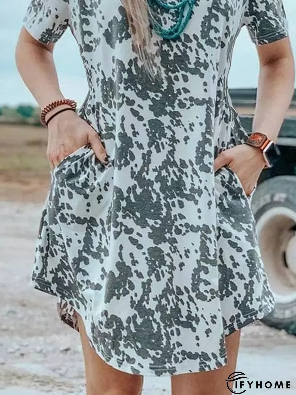 Casual Crew Neck Short Sleeve Animal Weaving Dress | IFYHOME