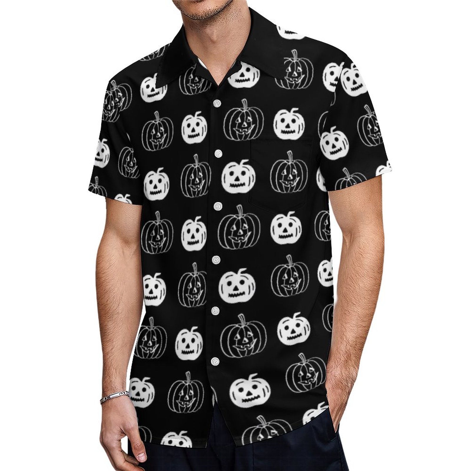 Cute Black White Pumpkins Halloween Party Hawaiian Shirt Mens Button Down Tropical Hawaii Beach Shirts