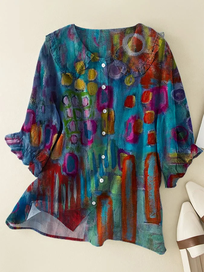 Retro colorful geometric Cotton Linen Loose Peter Pan Ruffles Neck Shirt