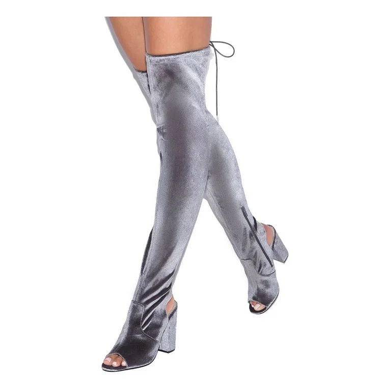 Grey Long Boots Peep Toe Chunky Heel Over-the-knee Boots |FSJ Shoes
